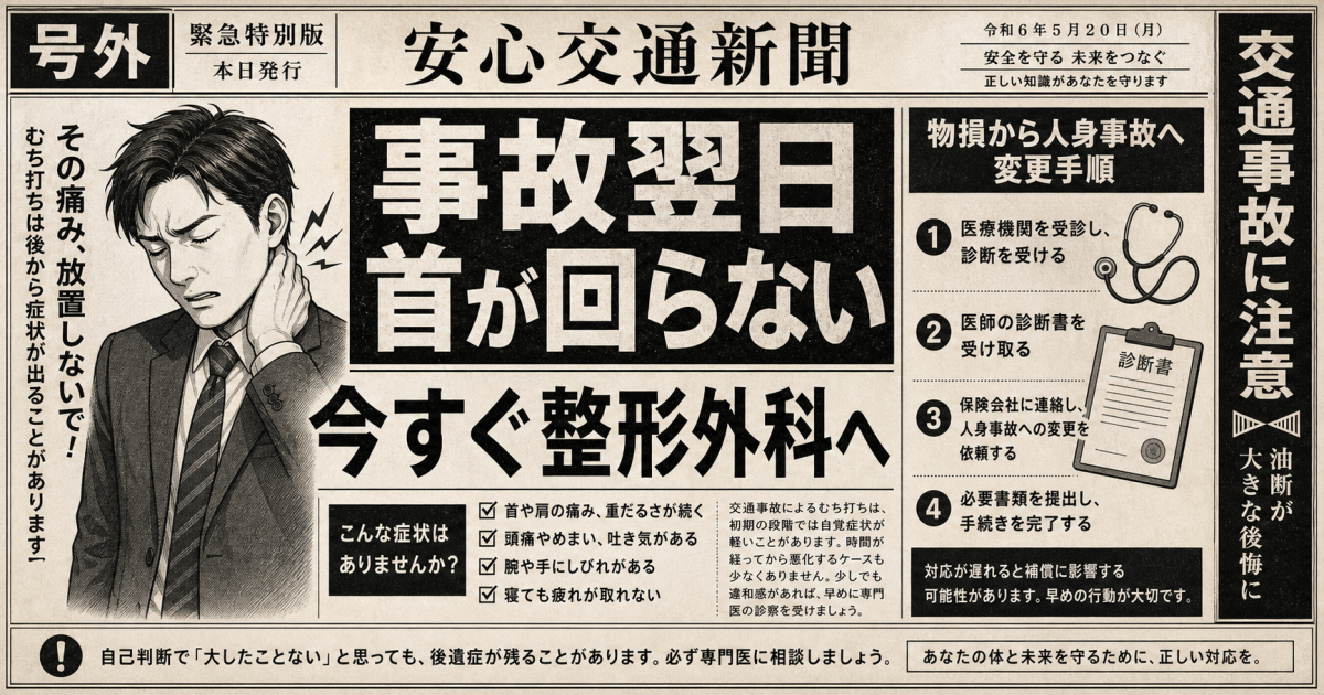 事故翌日に首が回らない！痛い時の受診先と物損からの変更手順