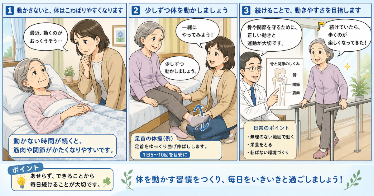 高齢の親の骨折後寝たきりを防ぐ!廃用症候群予防の運動と見守り方