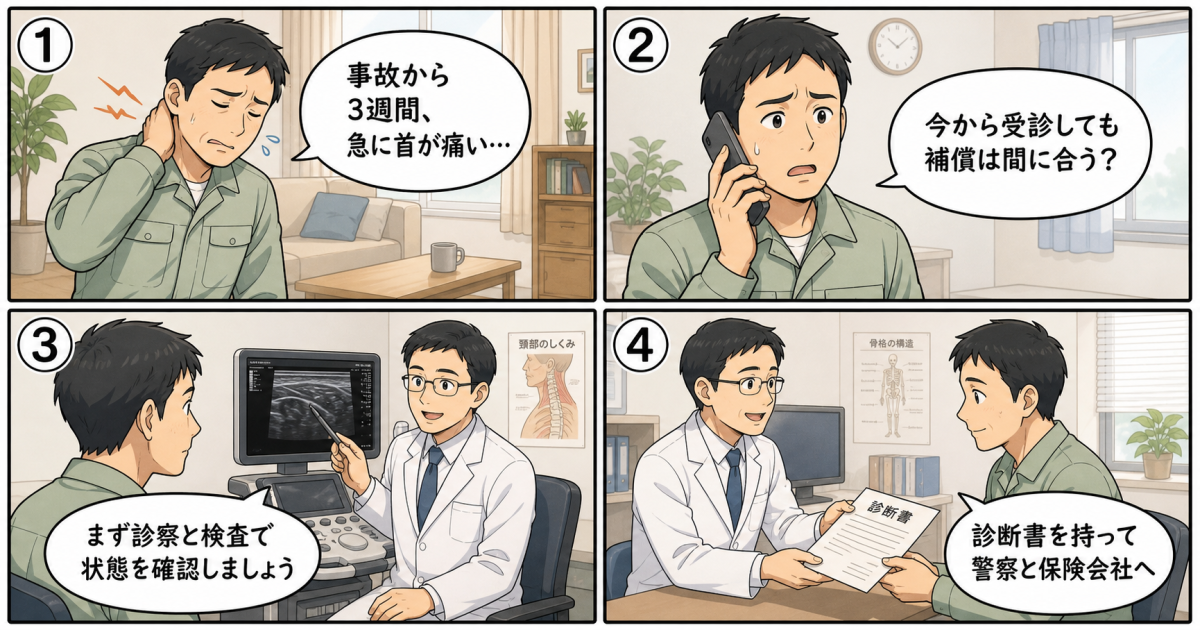 事故数週間後の痛みでも補償は間に合う？受診手順と対応法を解説